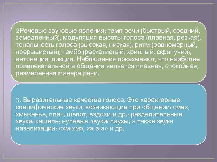 2 Речевые звуковые явления: темп речи (быстрый, средний, замедленный), модуляция высоты голоса (плавная, резкая),