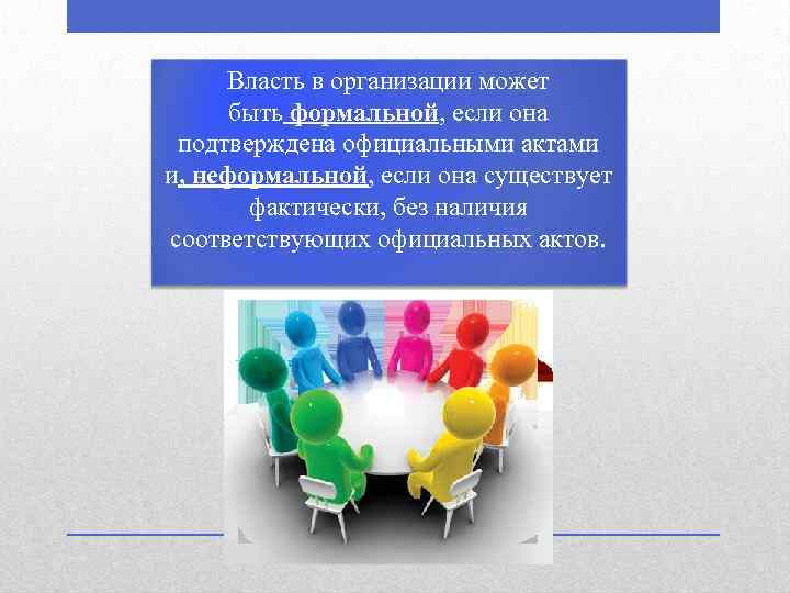 Власть в организации может быть формальной, если она подтверждена официальными актами и, неформальной, если