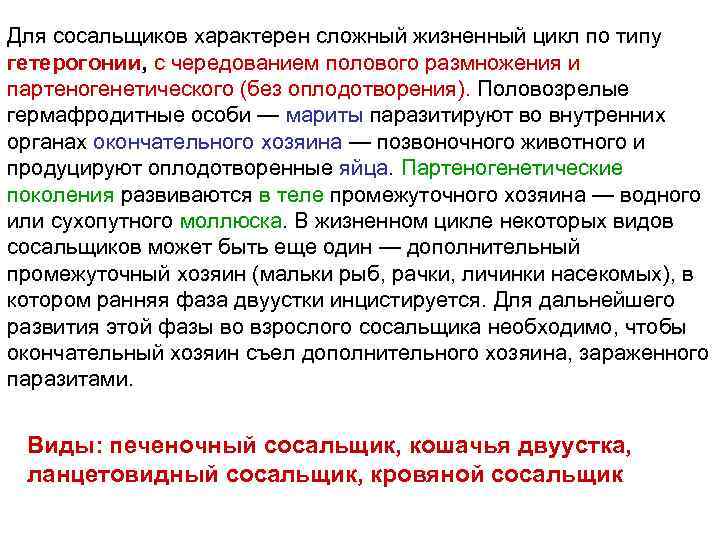 Для сосальщиков характерен сложный жизненный цикл по типу гетерогонии, с чередованием полового размножения и