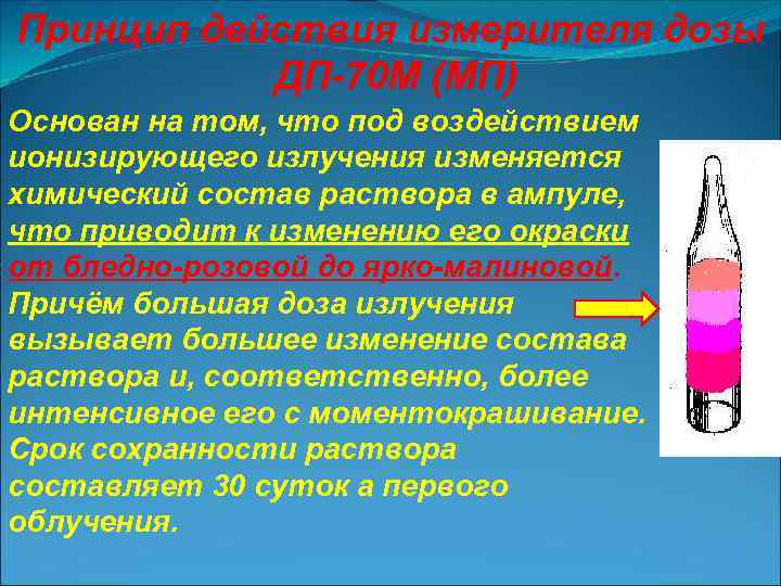 Принцип действия измерителя дозы ДП-70 М (МП) Основан на том, что под воздействием ионизирующего