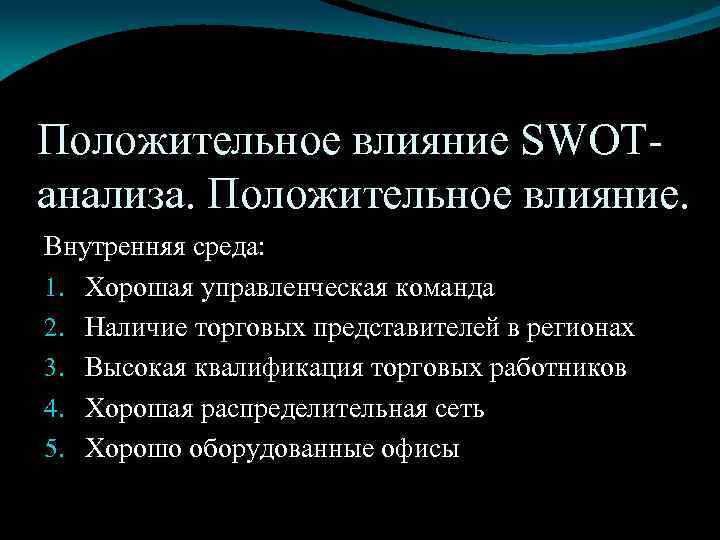 Положительное влияние SWOTанализа. Положительное влияние. Внутренняя среда: 1. Хорошая управленческая команда 2. Наличие торговых