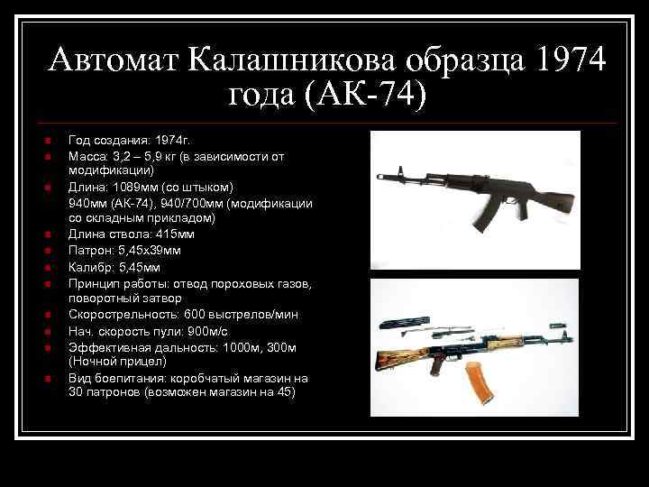 Автомат Калашникова образца 1974 года (АК-74) n n n Год создания: 1974 г. Масса: