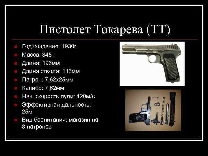 Пистолет Токарева (ТТ) n n n n n Год создания: 1930 г. Масса: 845