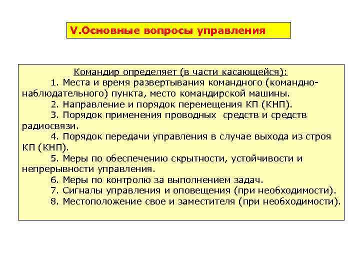 V. Основные вопросы управления Командир определяет (в части касающейся): 1. Места и время развертывания