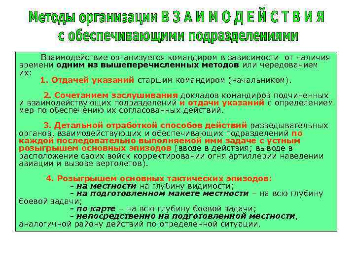 Взаимодействие организуется командиром в зависимости от наличия времени одним из вышеперечисленных методов или