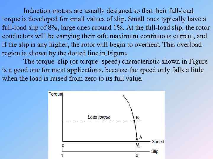 Induction motors are usually designed so that their full-load torque is developed for small