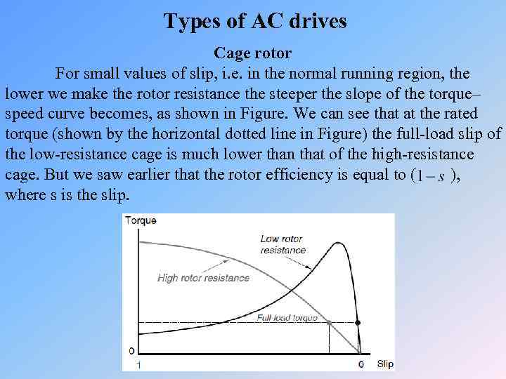 Types of AC drives Cage rotor For small values of slip, i. e. in