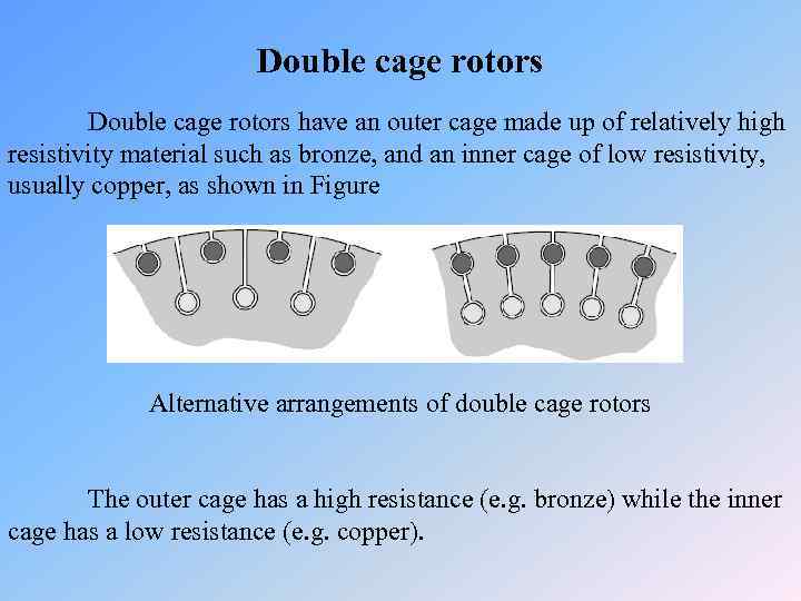 Double cage rotors have an outer cage made up of relatively high resistivity material