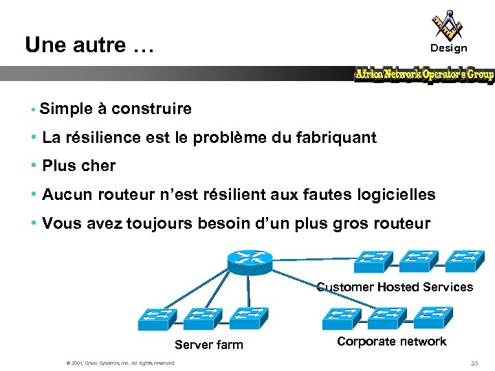 Une autre … Design • Simple à construire • La résilience est le problème