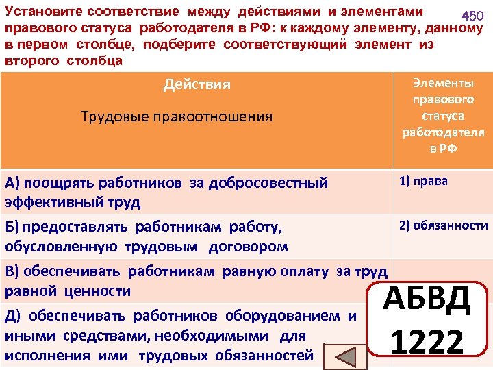 Установите соответствие между действиями и элементами 450 правового статуса работодателя в РФ: к каждому