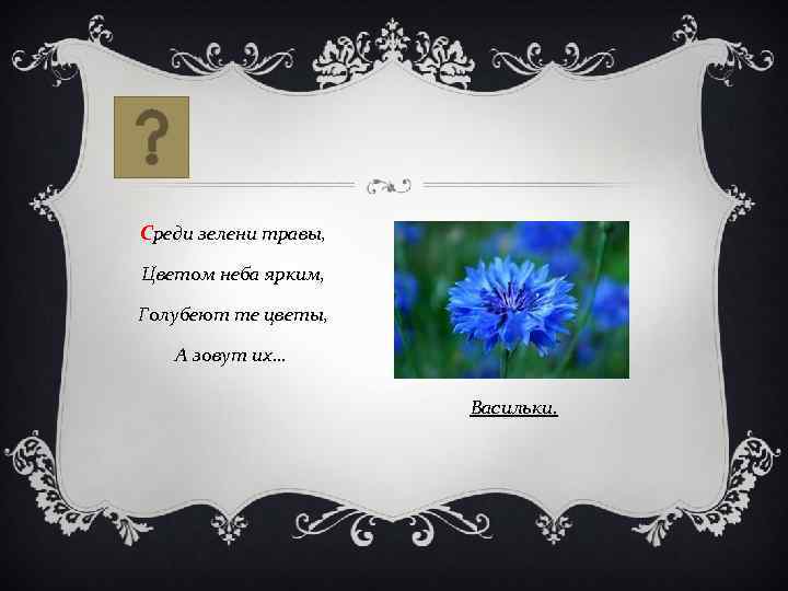 Среди зелени травы, Цветом неба ярким, Голубеют те цветы, А зовут их… Васильки. 