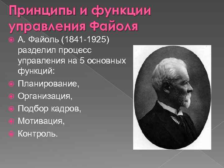 Принципы и функции управления Файоля А. Файоль (1841 1925) разделил процесс управления на 5