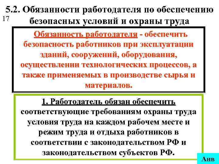 5. 2. Обязанности работодателя по обеспечению 17 безопасных условий и охраны труда Обязанность работодателя