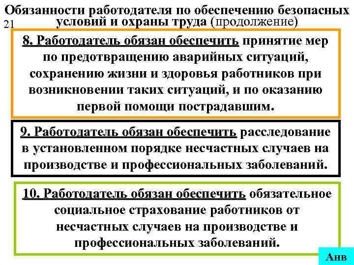 Обязанности работодателя по обеспечению безопасных условий и охраны труда (продолжение) 21 8. Работодатель обязан