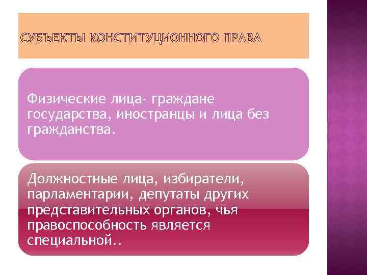 Физические лица- граждане государства, иностранцы и лица без гражданства. Должностные лица, избиратели, парламентарии, депутаты
