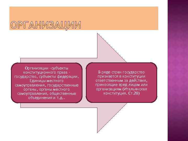 Организации –субъекты конституционного права – государство, субъекты федерации. Единицы местного самоуправления, государственные органы, органы