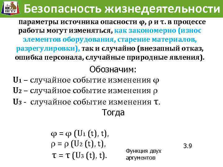 Модель жизнедеятельности Безопасностьразвития опасности Безопасность жизнедеятельности В Параметры источника опасности φ, ρ и τ.
