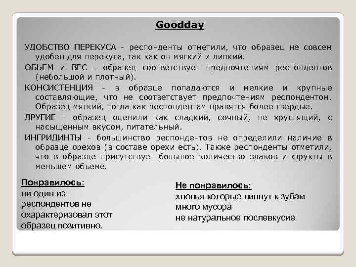 Goodday УДОБСТВО ПЕРЕКУСА - респонденты отметили, что образец не совсем удобен для перекуса, так