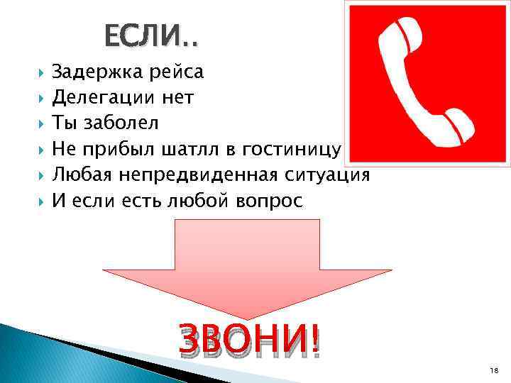 ЕСЛИ. . Задержка рейса Делегации нет Ты заболел Не прибыл шатлл в гостиницу Любая