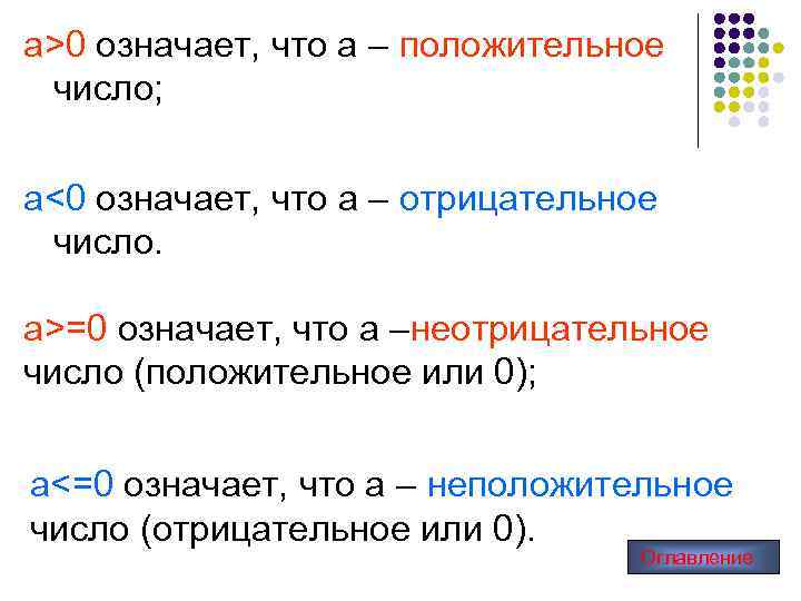 а>0 означает, что а – положительное число; а<0 означает, что а – отрицательное число.