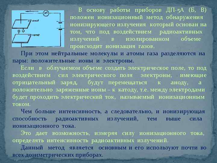 В основу работы приборов ДП-5 А (Б, В) положен ионизационный метод обнаружения ионизирующего излучения