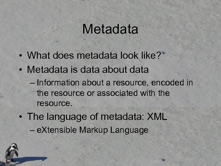 Metadata • What does metadata look like? • Metadata is data about data –