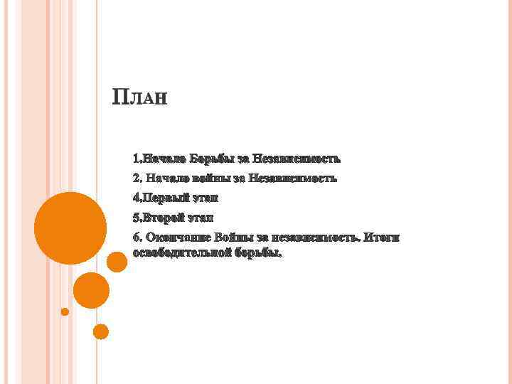 ПЛАН 1. Начало Борьбы за Независимость 2. Начало войны за Независимость 4. Первый этап