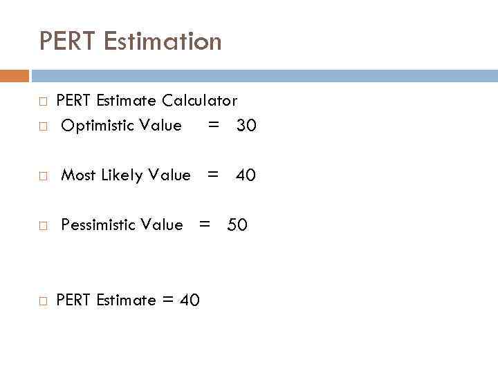 PERT Estimation PERT Estimate Calculator Optimistic Value = 30 Most Likely Value = 40