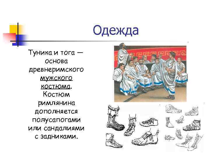 Одежда Туника и тога — основа древнеримского мужского костюма. Костюм римлянина дополняется полусапогами или