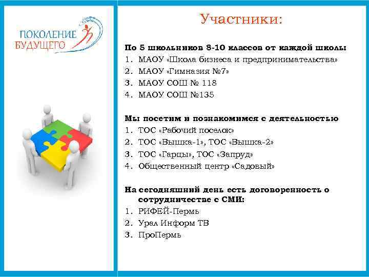 Участники: По 5 школьников 8 -10 классов от каждой школы : 1. МАОУ «Школа