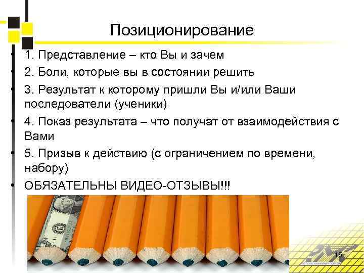 Позиционирование • 1. Представление – кто Вы и зачем • 2. Боли, которые вы