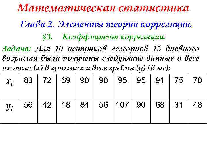 Математическая статистика Глава 2. Элементы теории корреляции. § 3. Коэффициент корреляции. Задача: Для 10