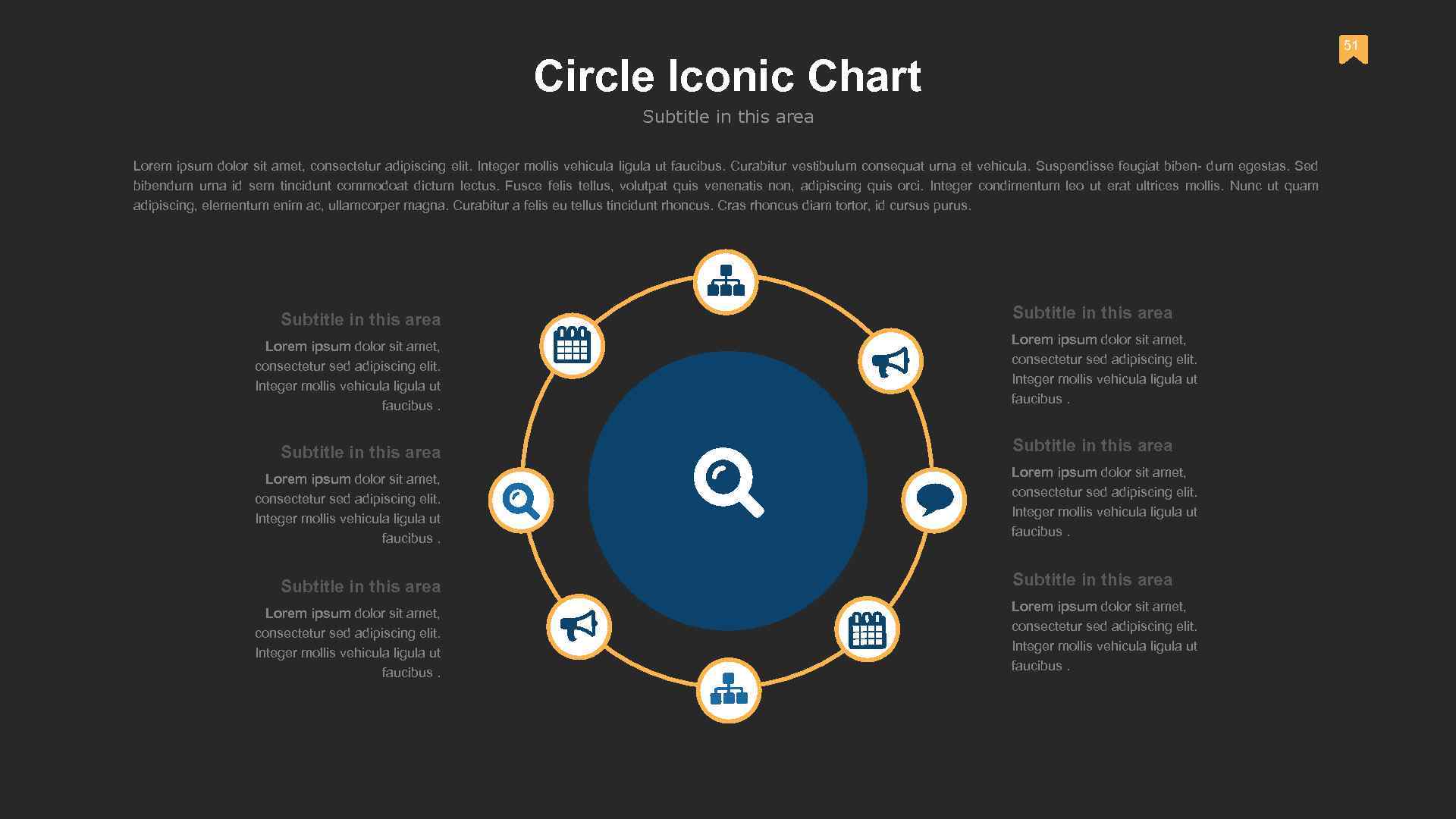 51 Circle Iconic Chart Subtitle in this area Lorem ipsum dolor sit amet, consectetur