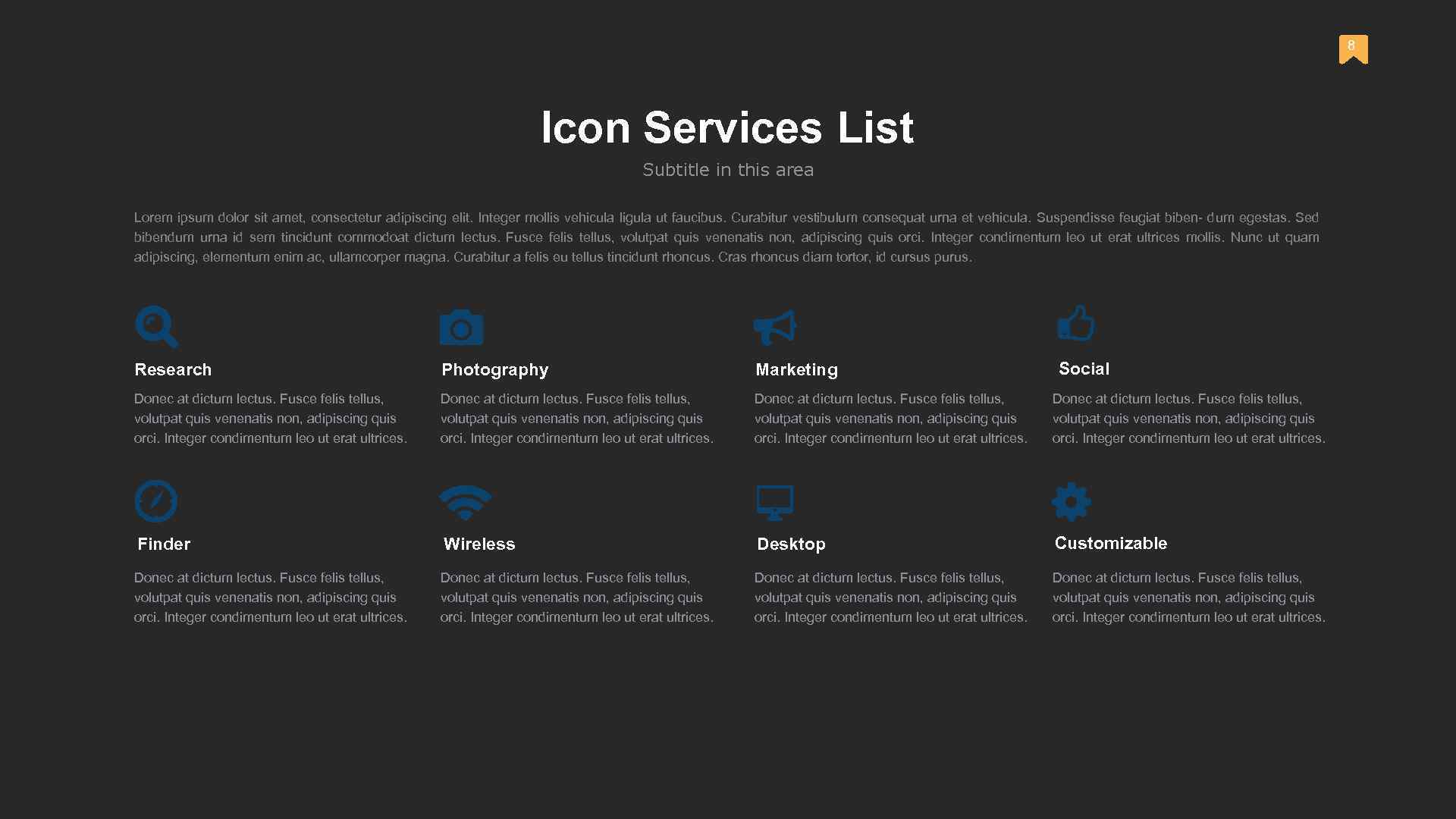 8 Icon Services List Subtitle in this area Lorem ipsum dolor sit amet, consectetur