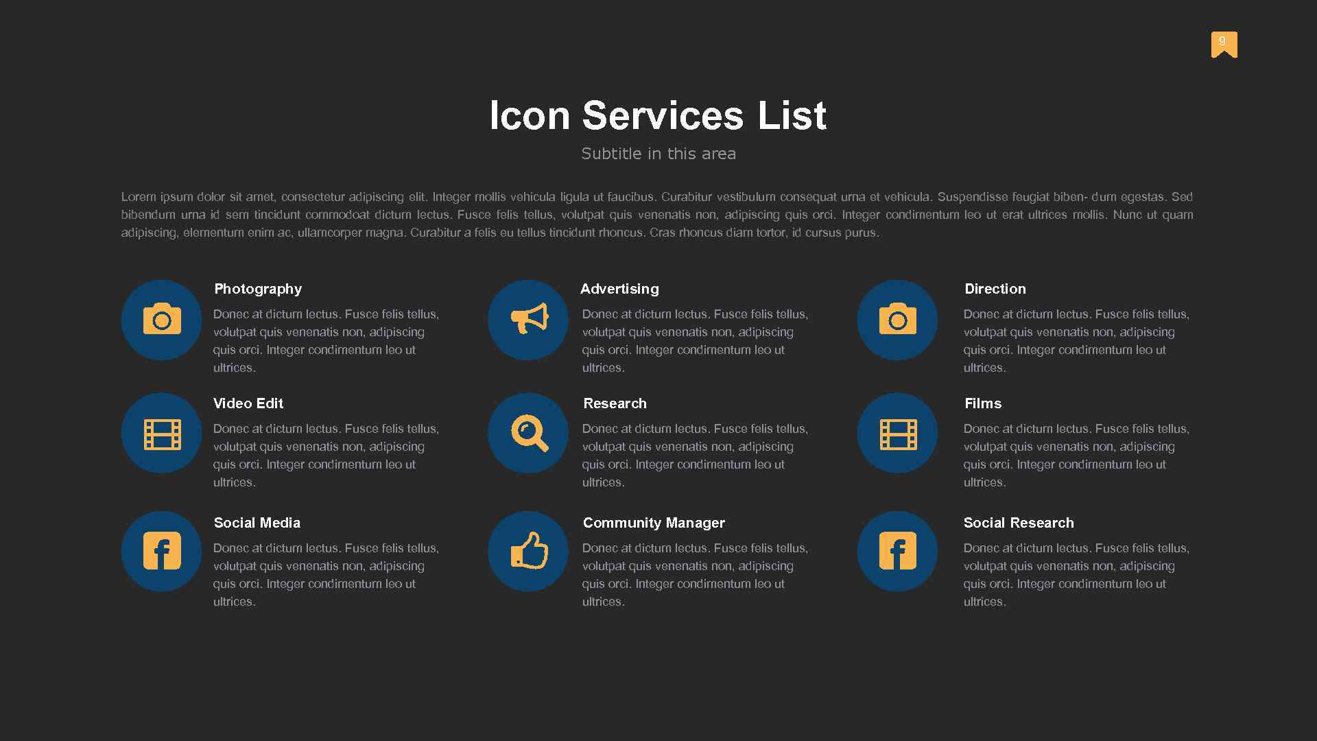 9 Icon Services List Subtitle in this area Lorem ipsum dolor sit amet, consectetur