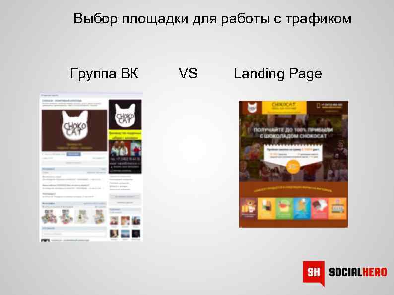  Выбор площадки для работы с трафиком Группа ВК VS Landing Page 