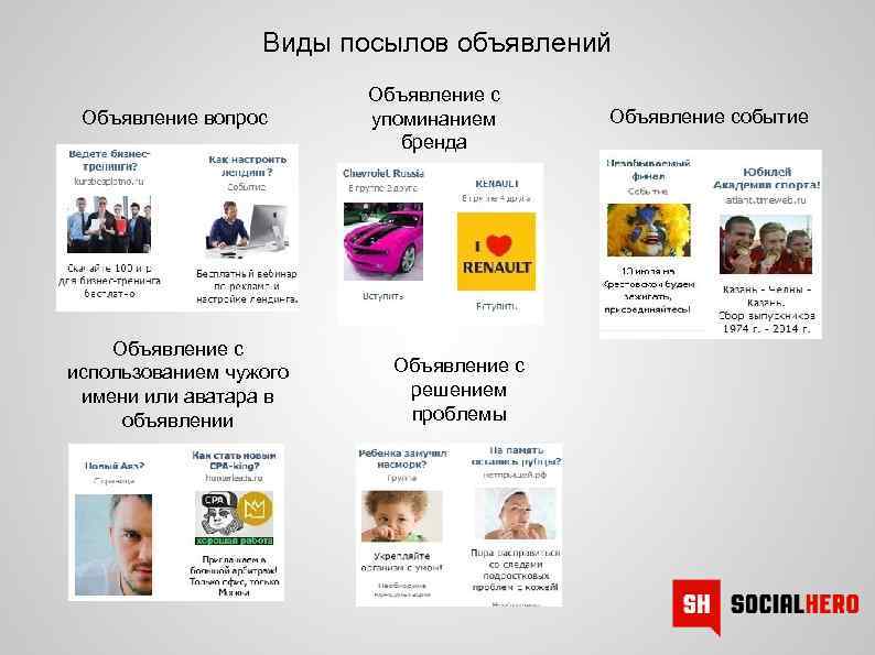 Виды посылов объявлений Объявление вопрос Объявление с упоминанием бренда Объявление с использованием чужого имени