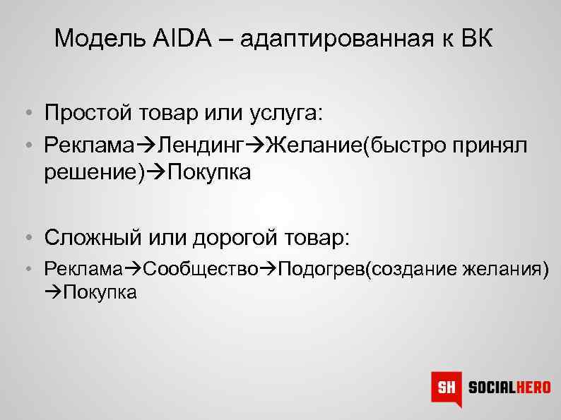 Модель AIDA – адаптированная к ВК • Простой товар или услуга: • Реклама Лендинг
