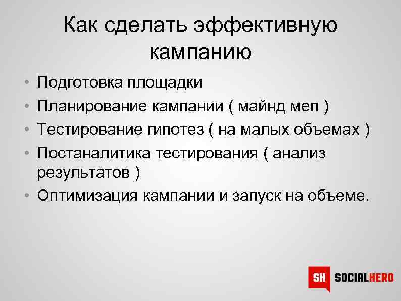 Как сделать эффективную кампанию • • Подготовка площадки Планирование кампании ( майнд меп )