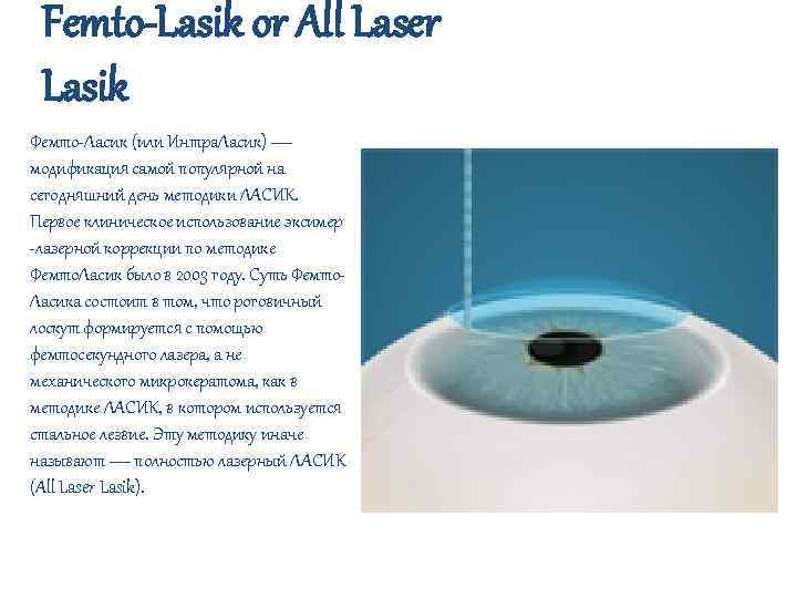 Femto-Lasik or All Laser Lasik Фемто-Ласик (или Интра. Ласик) — модификация самой популярной на