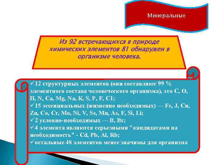 Минеральные Из 92 встречающихся в природе химических элементов 81 обнаружен в организме человека. :