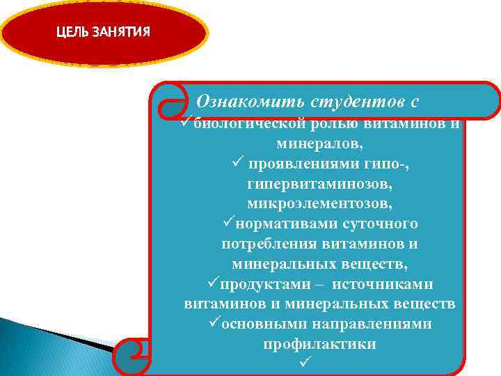ЦЕЛЬ ЗАНЯТИЯ Ознакомить студентов с üбиологической ролью витаминов и минералов, ü проявлениями гипо-, гипервитаминозов,