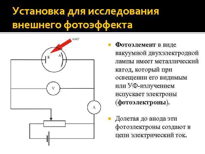 Ток фотоэлемента. Фотоэлемент в электрической цепи. Установка для исследования фотоэлемента. Изучение внешнего фотоэффекта и вакуумных фотоэлементов. Фотоэлемент испускание.