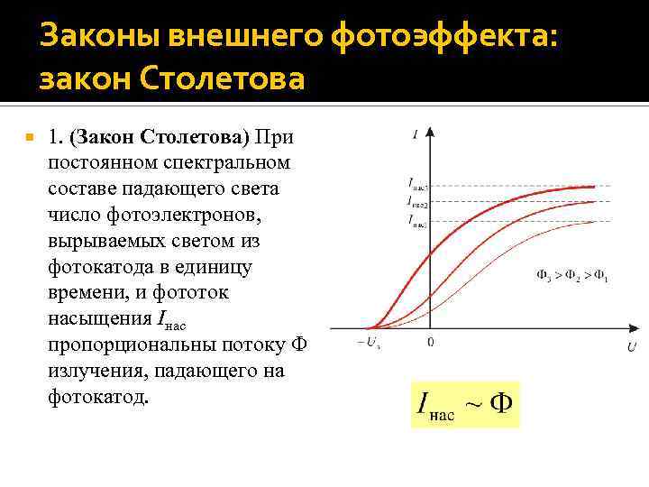 Законы внешнего фотоэффекта: закон Столетова 1. (Закон Столетова) При постоянном спектральном составе падающего света