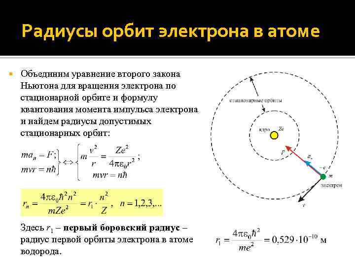 Радиус стационарных орбит. Радиус орбиты электрона по теории Бора.