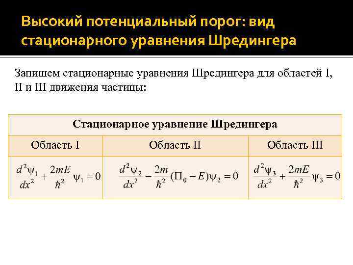 Высокий потенциальный порог: вид стационарного уравнения Шредингера Запишем стационарные уравнения Шредингера для областей I,