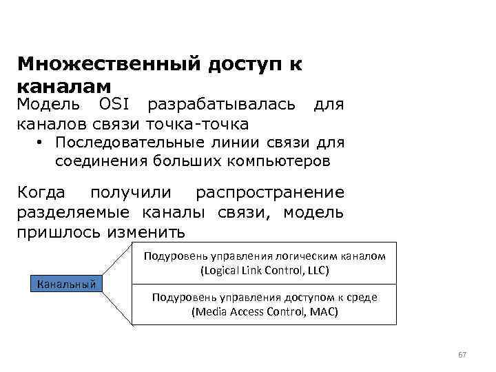 Множественный доступ к каналам Модель OSI разрабатывалась каналов связи точка-точка для • Последовательные линии