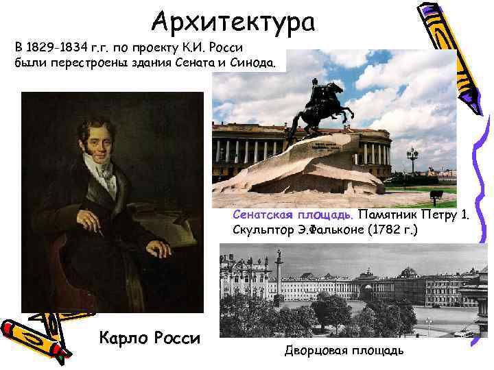 Архитектура В 1829 -1834 г. г. по проекту К. И. Росси были перестроены здания