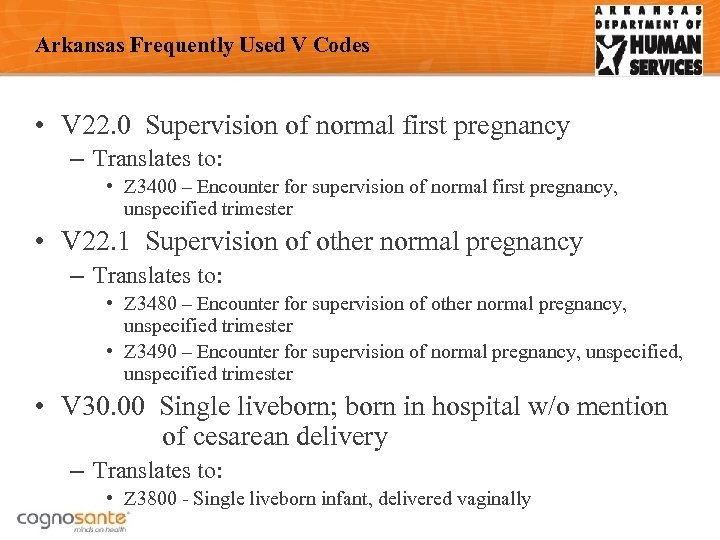 Arkansas Frequently Used V Codes • V 22. 0 Supervision of normal first pregnancy
