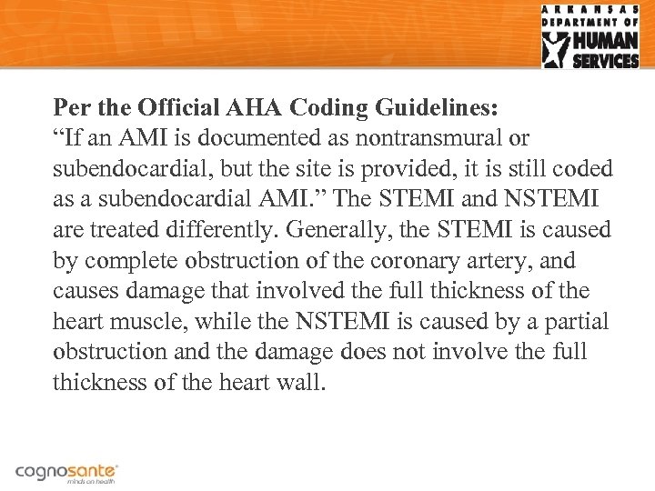 Per the Official AHA Coding Guidelines: “If an AMI is documented as nontransmural or